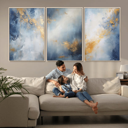 41836-MGV-FC-60X30-3P_Natural-Abstract Gold Wall Art Canvas Print, Framed Blue Layers Art Picture Print, Elegant Cloud Perfect Elegant Minimalist Decor Artwork