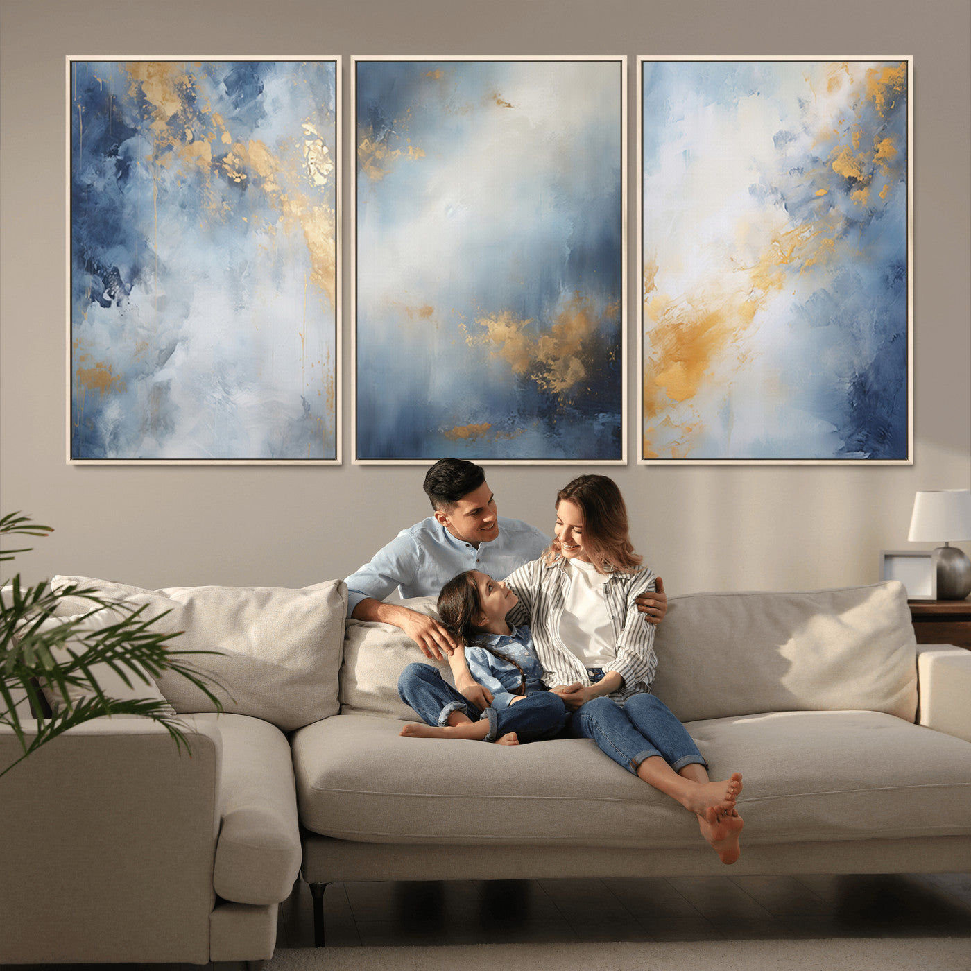 41836-MGV-CV-36X24-Abstract Gold Wall Art Canvas Print, Framed Blue Layers Art Picture Print, Elegant Cloud Perfect Elegant Minimalist Decor Artwork