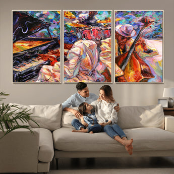 13675-MGV-FC-60X30-3P_Natural-Jazz Band Wall Art Canvas Print, Framed Jazz Oil Painting Art Picture Print, Vibrant Music Perfect Abstract Musical Decor Artwork