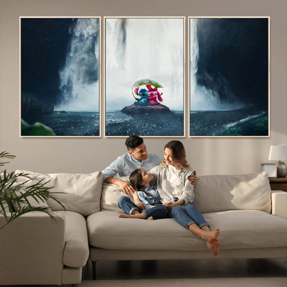 32259-MGV-FC-60X30-3P_Natural-Stitch Angel Wall Art Canvas Print, Framed Stitch Waterfall Art Picture Print, Cartoon Couple Perfect Moody Fantasy Decor Artwork