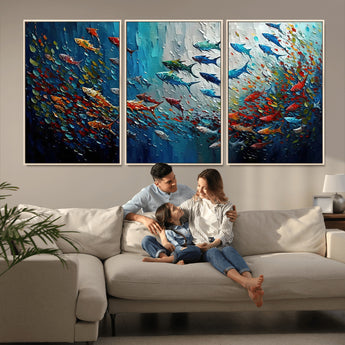 89626-MGV-FC-60X30-3P_Natural-Fish Swarm Wall Art Canvas Print, Framed Abstract Ocean Art Picture Print, Underwater Life Perfect Vibrant Coastal Decor Artwork