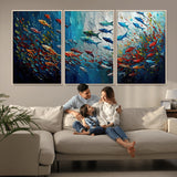 89626-MGV-CV-36X24-Fish Swarm Wall Art Canvas Print, Framed Abstract Ocean Art Picture Print, Underwater Life Perfect Vibrant Coastal Decor Artwork