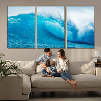 15566-MGV-FC-60X30-3P_Natural-Ocean Wave Wall Art Canvas Print, Framed Curling Wave Art Picture Print, Vibrant Surf Wave Perfect Coastal Surf Decor Artwork