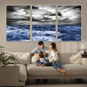 91043-MGV-FC-60X30-3P_Natural-Stormy Ocean Wall Art Canvas Print, Framed Moody Seascape Art Picture Print, Monochrome Sea Perfect Coastal Drama Decor Artwork