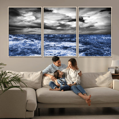 91043-MGV-FC-60X30-3P_Natural-Stormy Ocean Wall Art Canvas Print, Framed Moody Seascape Art Picture Print, Monochrome Sea Perfect Coastal Drama Decor Artwork