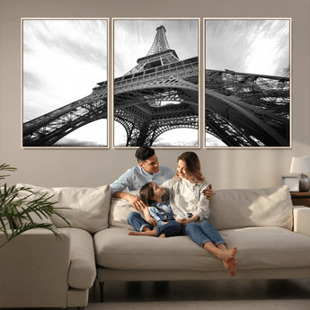 40006-MGV-FC-60X30-3P_Natural-Eiffel Tower Wall Art – Black and White Architectural Photo Print, Paris Inspired Decor for Bedroom, Office, Studio or Modern
