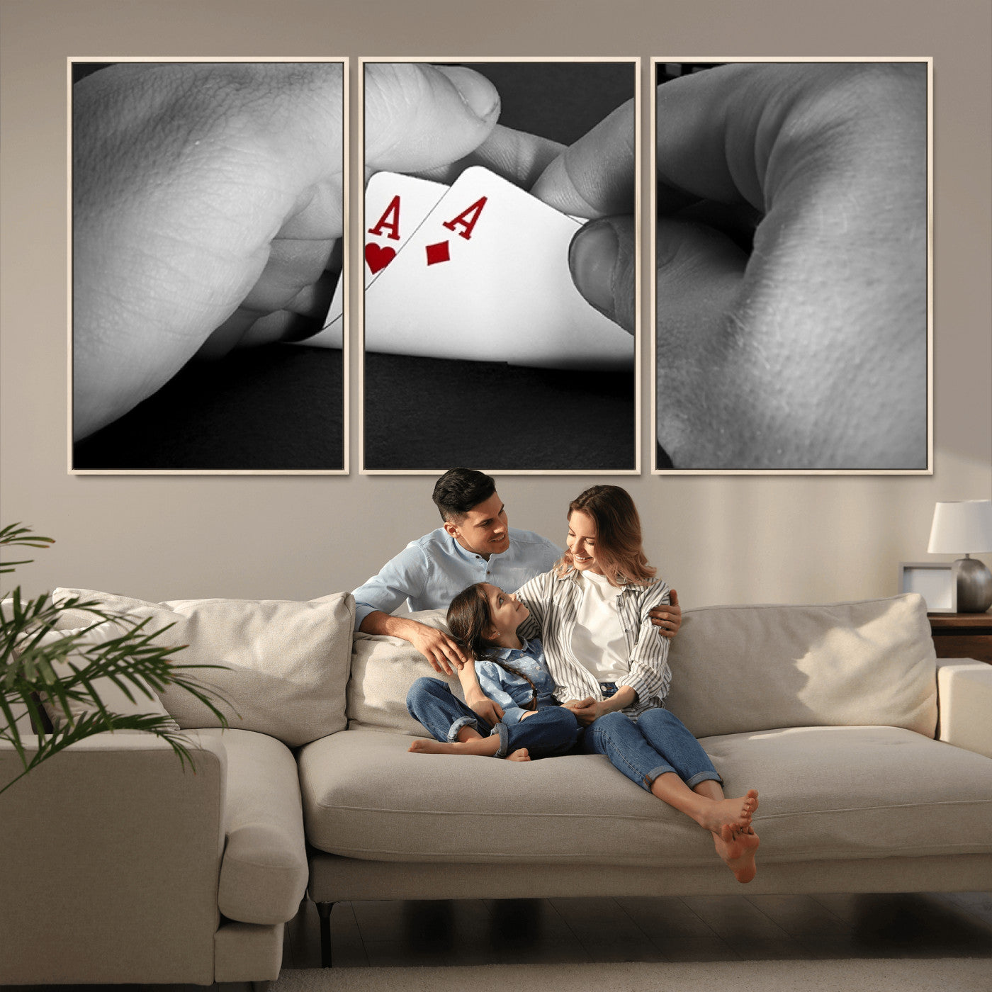 62460-MGV-CV-36X24-Poker Game Wall Art – Close Up of Hands Holding Aces with Chips, Casino Style Decor for Game Room, Man Cave or Office