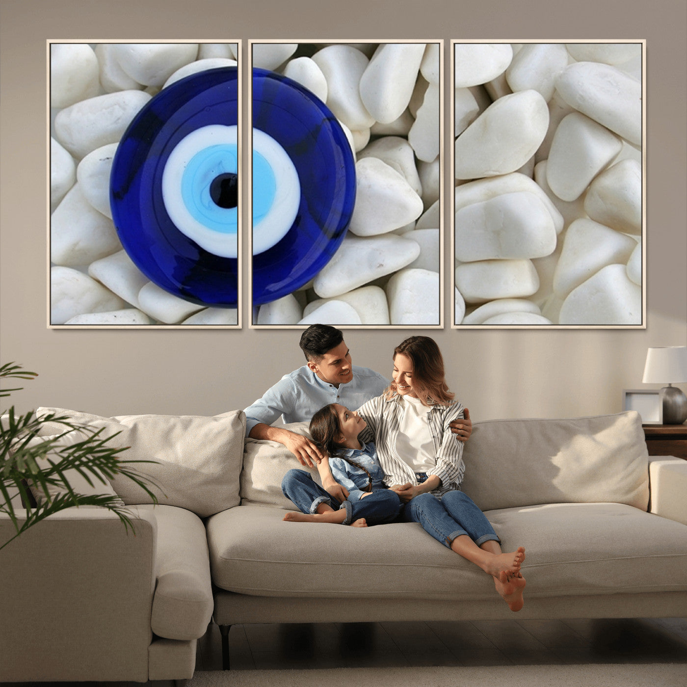 48883-MGV-CV-36X24-Evil Eye Wall Art – Deep Blue Symbol of Presence and Calm on White Stones, Subtle Spiritual Decor for Entryway, Studio, Office or