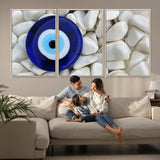 48883-MGV-CV-36X24-Evil Eye Wall Art – Deep Blue Symbol of Presence and Calm on White Stones, Subtle Spiritual Decor for Entryway, Studio, Office or