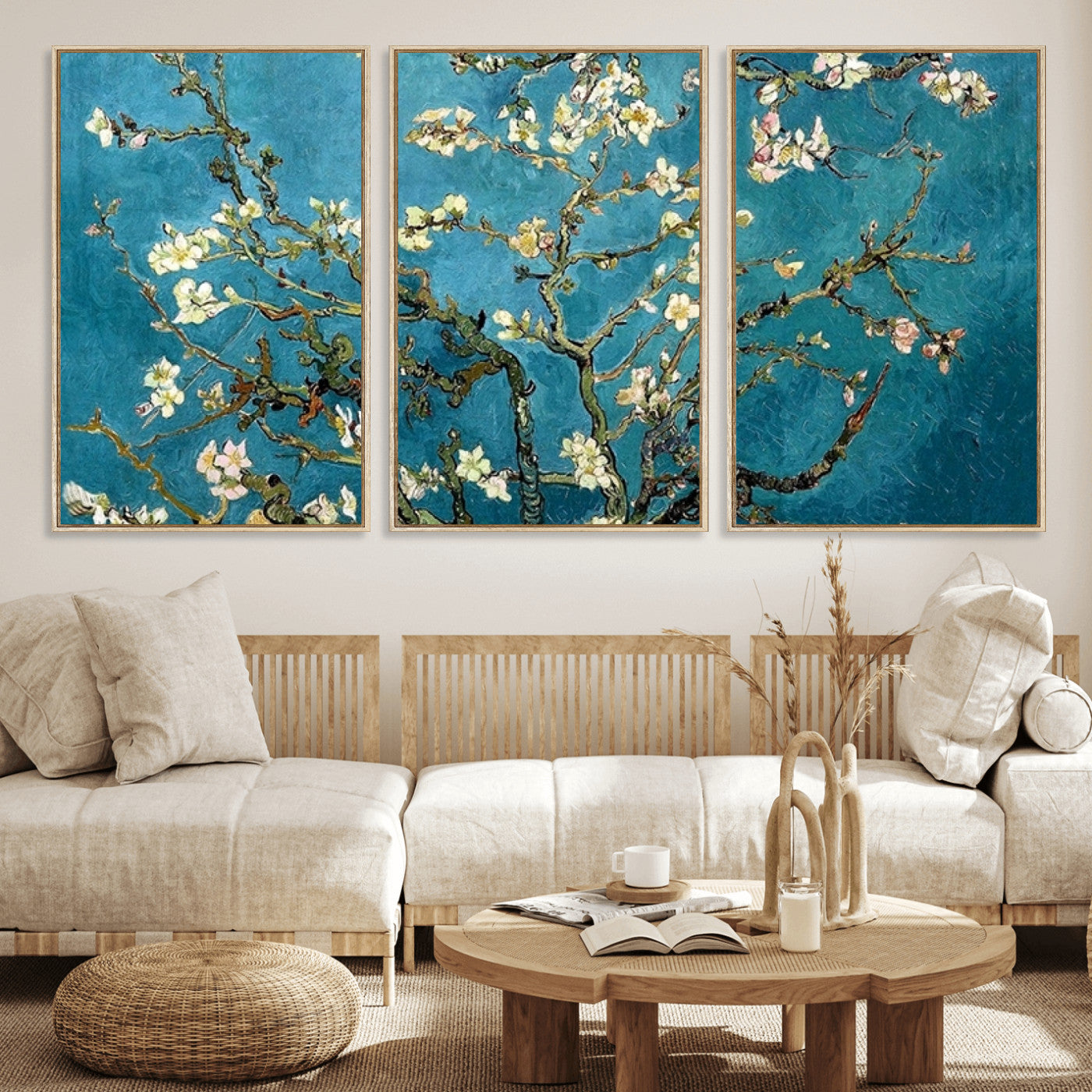 91714-MGV-FC-60X30-3P_Natural-Almond Blossoms Wall Art – Handcrafted Van Gogh Inspired Floral Canvas Print, Beautiful Nature Decor for Living Room, Bedroom, or