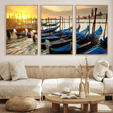 25872-MGV-FC-60X30-3P_Natural-Venetian Gondola Dock Wall Art – Serene Sunset Canal Canvas Print, Tranquil Water Travel Decor for Office, Living Room, or Man