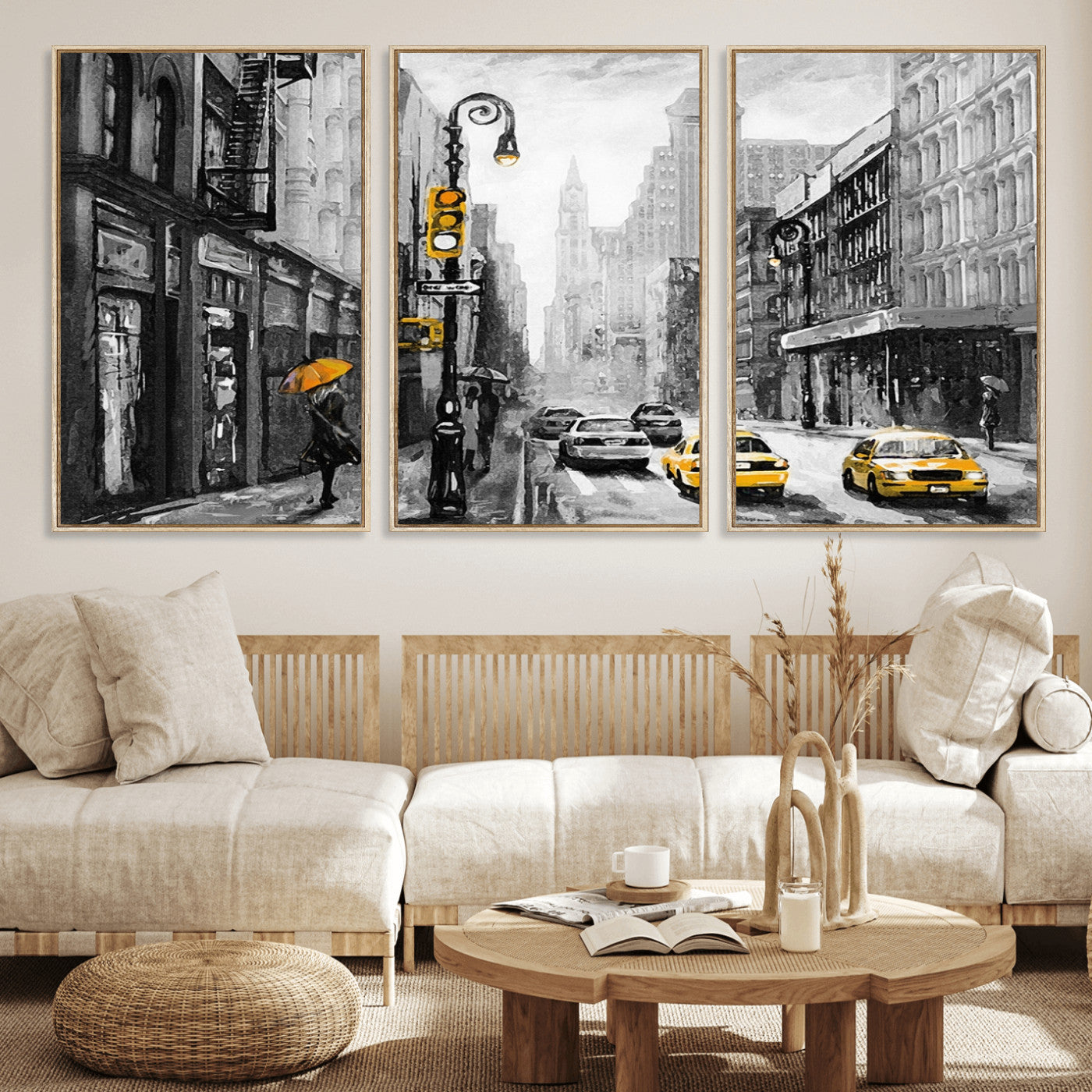 32362-MGV-FC-60X30-3P_Natural-NYC Street Wall Art – Black and White Cityscape with Yellow Taxis and Umbrella Canvas Print, Urban Home Decor for Living Room or