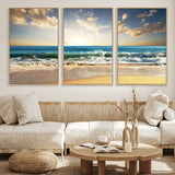 13139-MGV-FC-60X30-3P_Natural-Sunrise Beach Wall Art – Ocean Waves and Golden Sand Canvas Print, Coastal Home Decor for Living Room, Bedroom, or Office