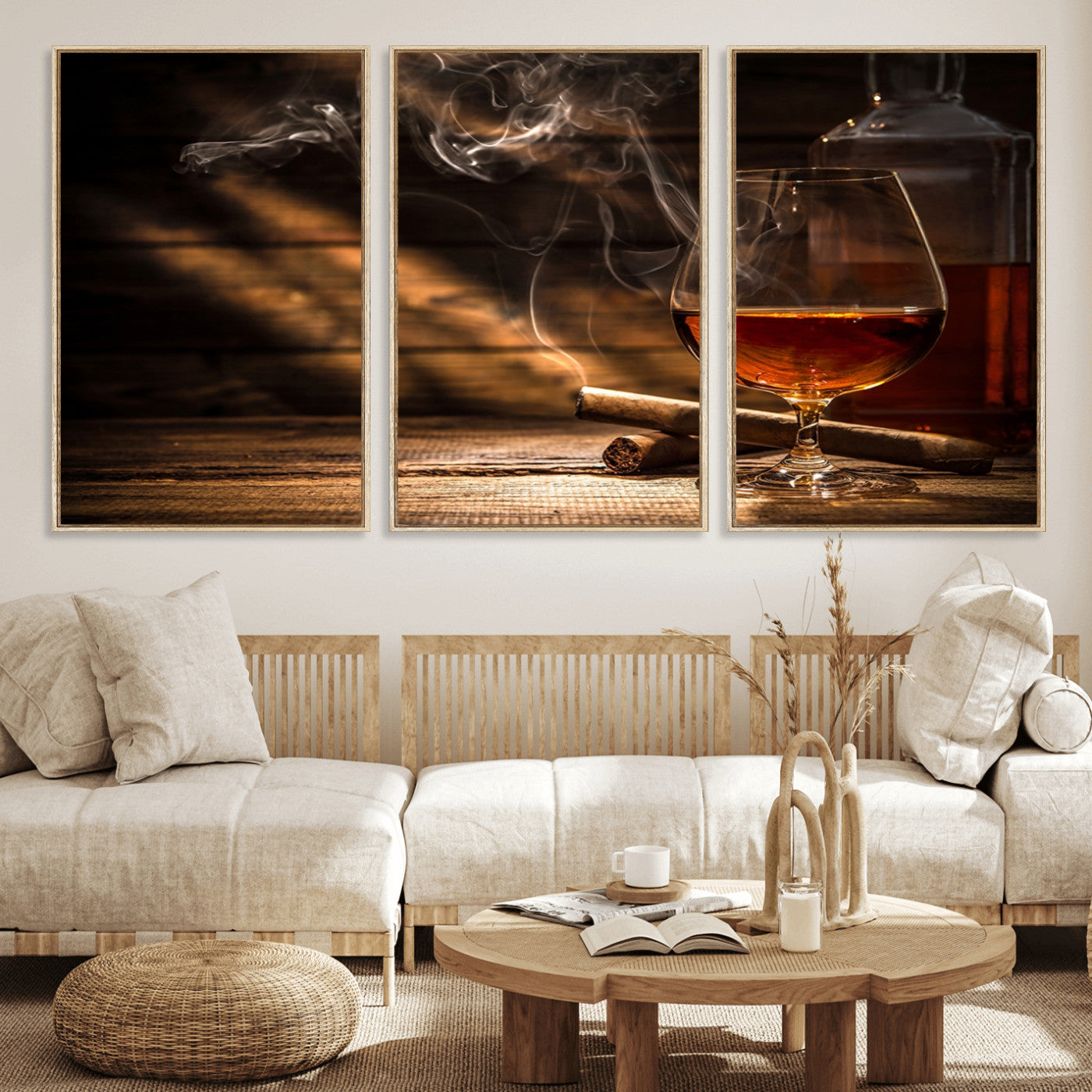 92305-MGV-FC-60X30-3P_Natural-Whiskey & Cigar Wall Art – Moody Whiskey and Cigar Canvas Print, Sophisticated Bar or Home Lounge Decor for Office, Man Cave or