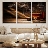 92305-MGV-FC-60X30-3P_Natural-Whiskey & Cigar Wall Art – Moody Whiskey and Cigar Canvas Print, Sophisticated Bar or Home Lounge Decor for Office, Man Cave or