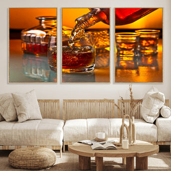 18250-MGV-FC-60X30-3P_Natural-Whiskey Pour Wall Art – Captivating Whiskey Splash Canvas Print, Elegant Bar or Home Lounge Decor for Office, Man Cave or Living