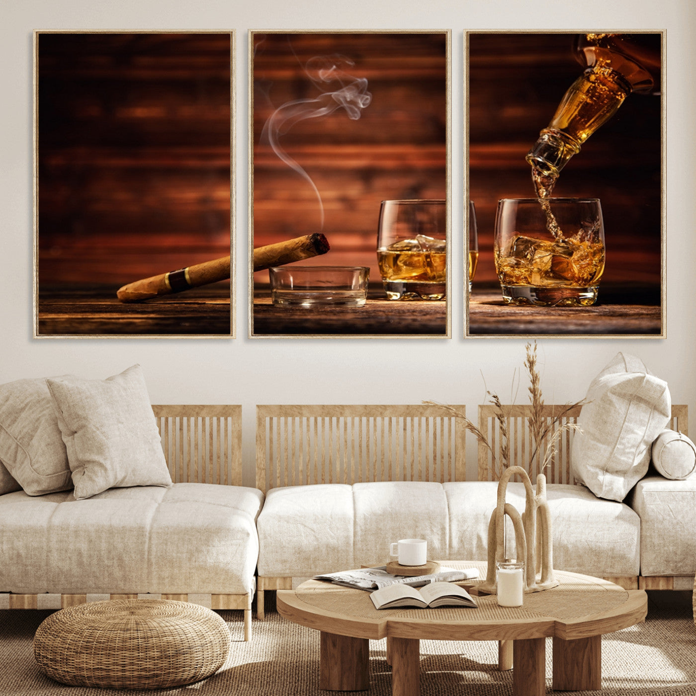 91042-MGV-CV-36X24-Whiskey & Cigar Wall Art – Elegant Whiskey Pour and Smoldering Cigar Canvas Print, Sophisticated Bar or Lounge Decor for Home,