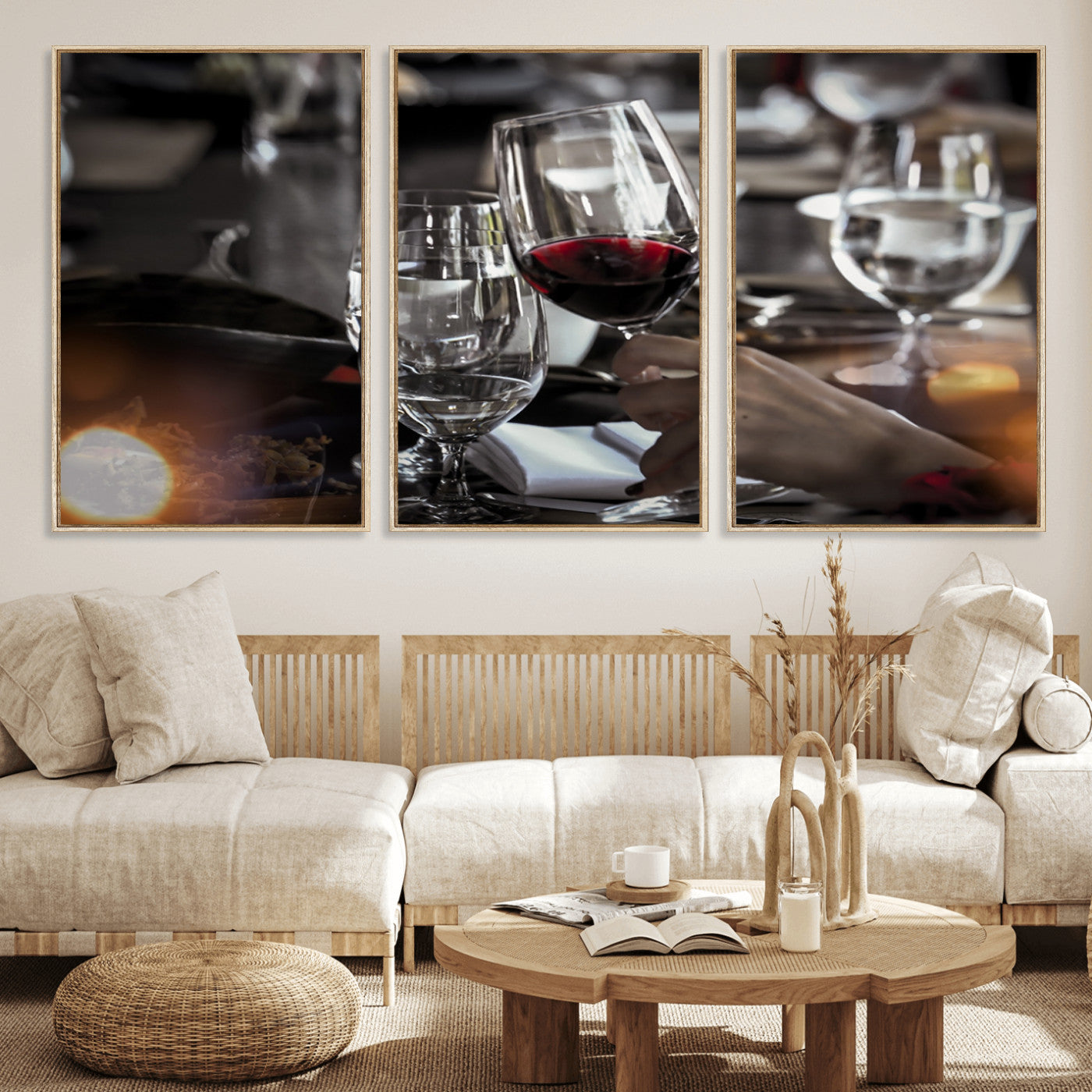 75513-MGV-FC-60X30-3P_Natural-Elegant Wine Toast Wall Art – Close-Up Red Wine Glass at Dinner Table Canvas Print, Sophisticated Dining Room or Bar Decor