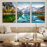 10402-MGV-FC-60X30-3P_Natural-Snowy Mountain Lake Wall Art – Autumn Landscape Canvas Print with Reflection, Nature Decor for Living Room, Office, Bedroom or