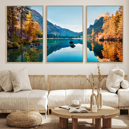 32962-MGV-FC-60X30-3P_Natural-Mountain Lake Wall Art – Tranquil Autumn Landscape Canvas Print, Nature Reflection Decor for Living Room, Bedroom, Office or Cabin