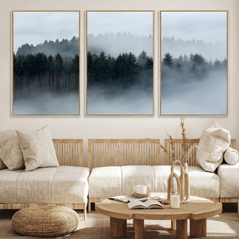 42596-MGV-FC-60X30-3P_Natural-Misty Forest Wall Art – Atmospheric Pine Trees Canvas Print, Nature Landscape Decor for Living Room, Bedroom, Office, or Cabin