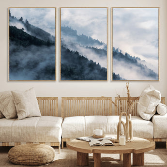 85737-MGV-FC-60X30-3P_Natural-Misty Mountain Wall Art – Atmospheric Pine Forest Canvas Print with Fog and Mist, Calm Nature Decor for Living Room, Bedroom,