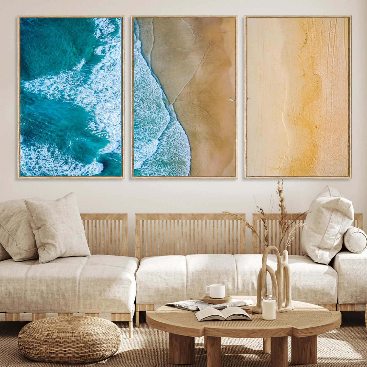 46640-MGV-FC-60X30-3P_Natural-Aerial Beach Wall Art – Turquoise Waves and Golden Sand Canvas Print with Lone Surfer, Coastal Ocean Decor for Living Room,