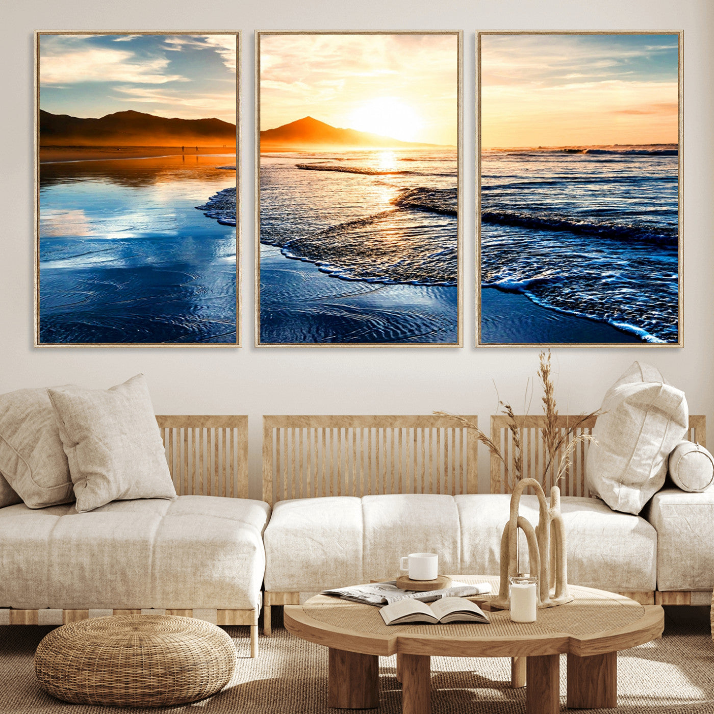 86173-MGV-FC-60X30-3P_Natural-Golden Sunset Beach Wall Art – Reflective Ocean Canvas Print with Mountains and Waves, Coastal Nature Decor for Living Room,