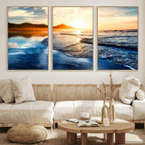 86173-MGV-FC-60X30-3P_Natural-Golden Sunset Beach Wall Art – Reflective Ocean Canvas Print with Mountains and Waves, Coastal Nature Decor for Living Room,