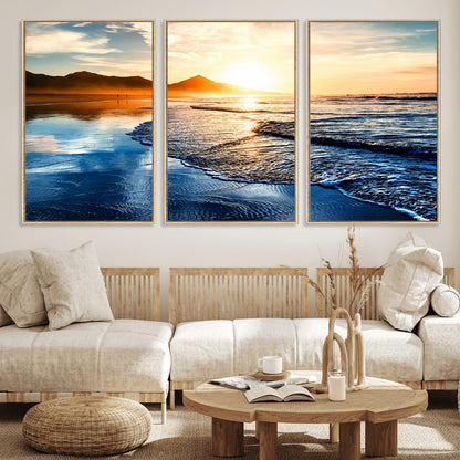 86173-MGV-FC-60X30-3P_Natural-Golden Sunset Beach Wall Art – Reflective Ocean Canvas Print with Mountains and Waves, Coastal Nature Decor for Living Room,