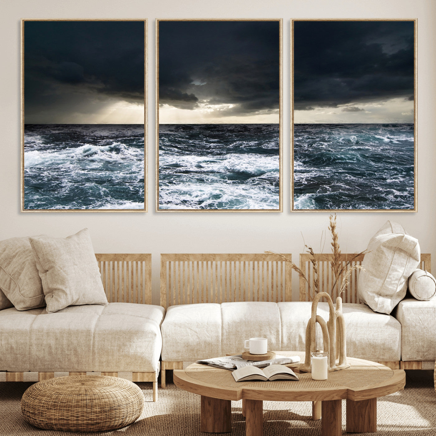 42607-MGV-FC-60X30-3P_Natural-Stormy Ocean Wall Art – Dramatic Sea and Sky Canvas Print with Sun Rays, Moody Nature Decor for Living Room, Office, Bedroom or