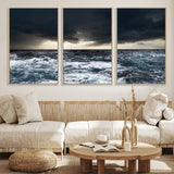 42607-MGV-FC-60X30-3P_Natural-Stormy Ocean Wall Art – Dramatic Sea and Sky Canvas Print with Sun Rays, Moody Nature Decor for Living Room, Office, Bedroom or