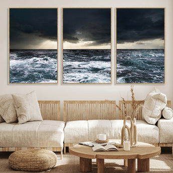 42607-MGV-FC-60X30-3P_Natural-Stormy Ocean Wall Art – Dramatic Sea and Sky Canvas Print with Sun Rays, Moody Nature Decor for Living Room, Office, Bedroom or