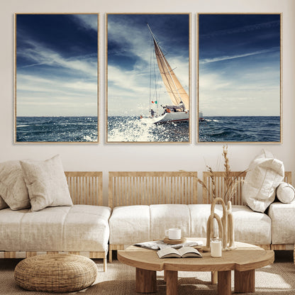 75430-MGV-FC-60X30-3P_Natural-Sailing Boat Wall Art – Dynamic Ocean Yacht Canvas Print, Nautical Decor for Living Room, Office, Beach House or Cabin