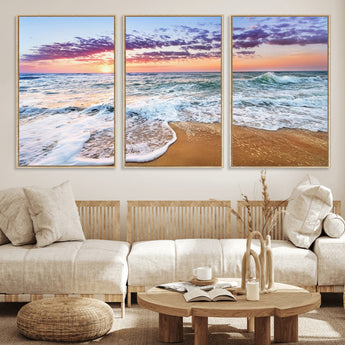 53006-MGV-FC-60X30-3P_Natural-Ocean Beach Sunset Wall Art – Vibrant Seascape Canvas Print, Coastal Home Decor for Living Room, Bedroom, Office or Beach House