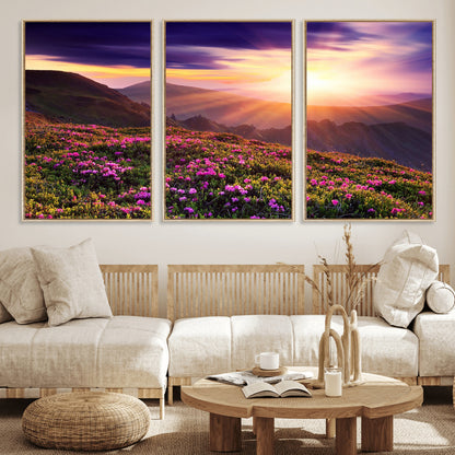 49741-MGV-FC-60X30-3P_Natural-Mountain Sunrise Wall Art – Vibrant Floral Landscape Canvas Print, Nature Home Decor for Living Room, Bedroom Office or Cabin