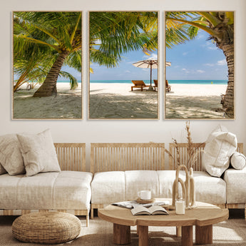 83601-MGV-FC-60X30-3P_Natural-Tropical Beach Wall Art – Serene Palm Trees and Lounge Chairs Canvas Print, Relaxing Coastal Decor for Living Room, Bedroom or