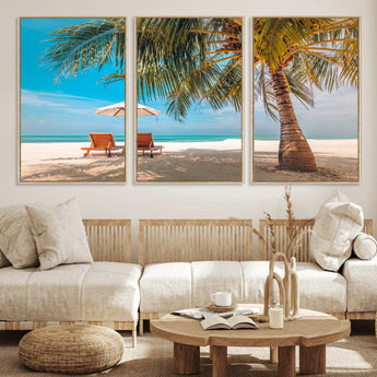 69754-MGV-FC-60X30-3P_Natural-Tropical Beach Wall Art – Relaxing Palm Tree and Lounge Chairs Canvas Print, Serene Coastal Decor for Living Room, Bedroom, Office