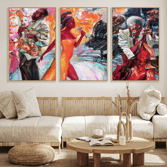 24452-MGV-FC-60X30-3P_Natural-Vibrant Jazz Musician Painting - Expressive Art Print of Live Jazz Band, Perfect Wall Decor for Music Lovers and Art Enthusiasts