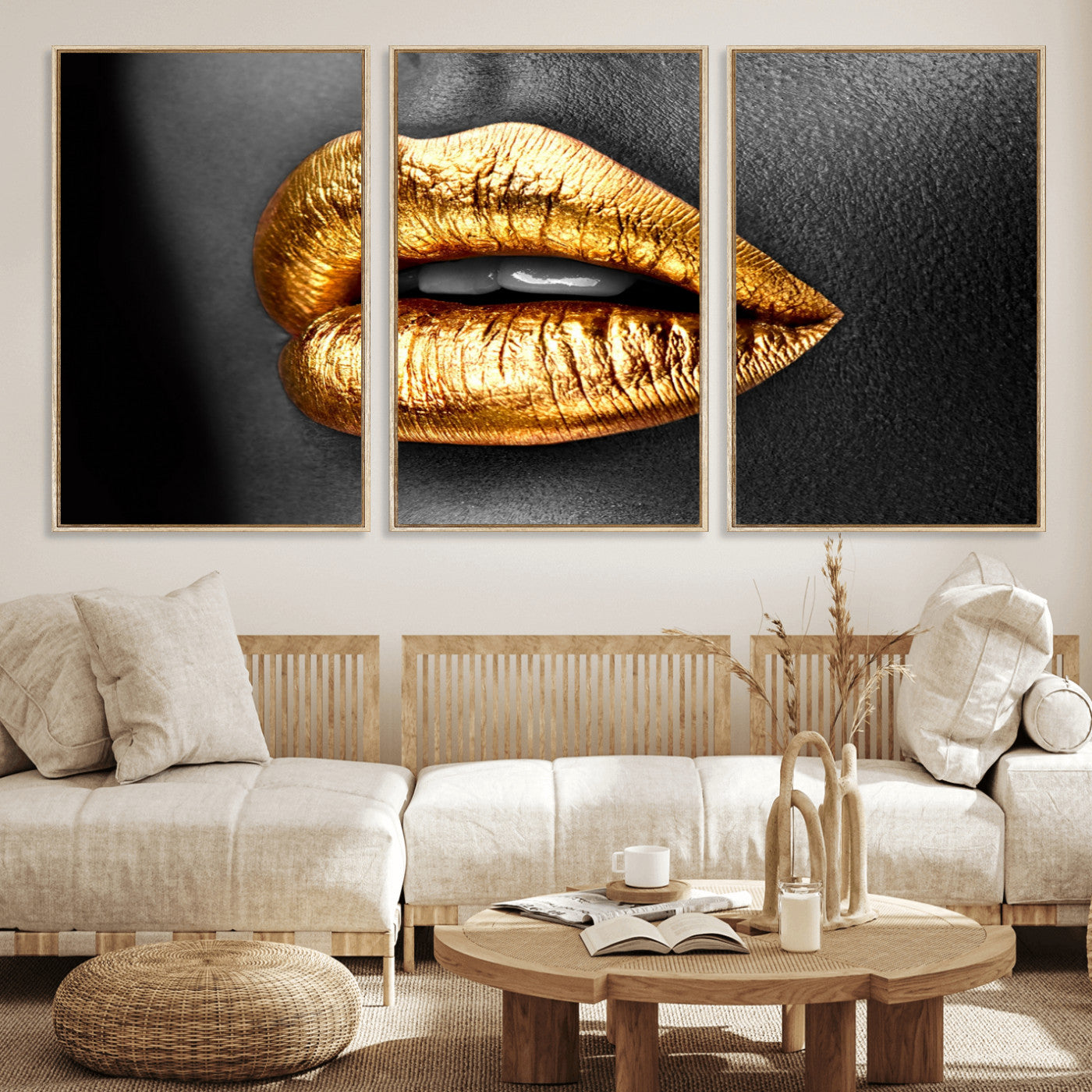 84747-MGV-FC-60X30-3P_Natural-Golden Lips Black & White Portrait – Glamorous Metallic Lip Art Print, Modern Wall Decor for Bedroom, Beauty & Fashion Lover Gift