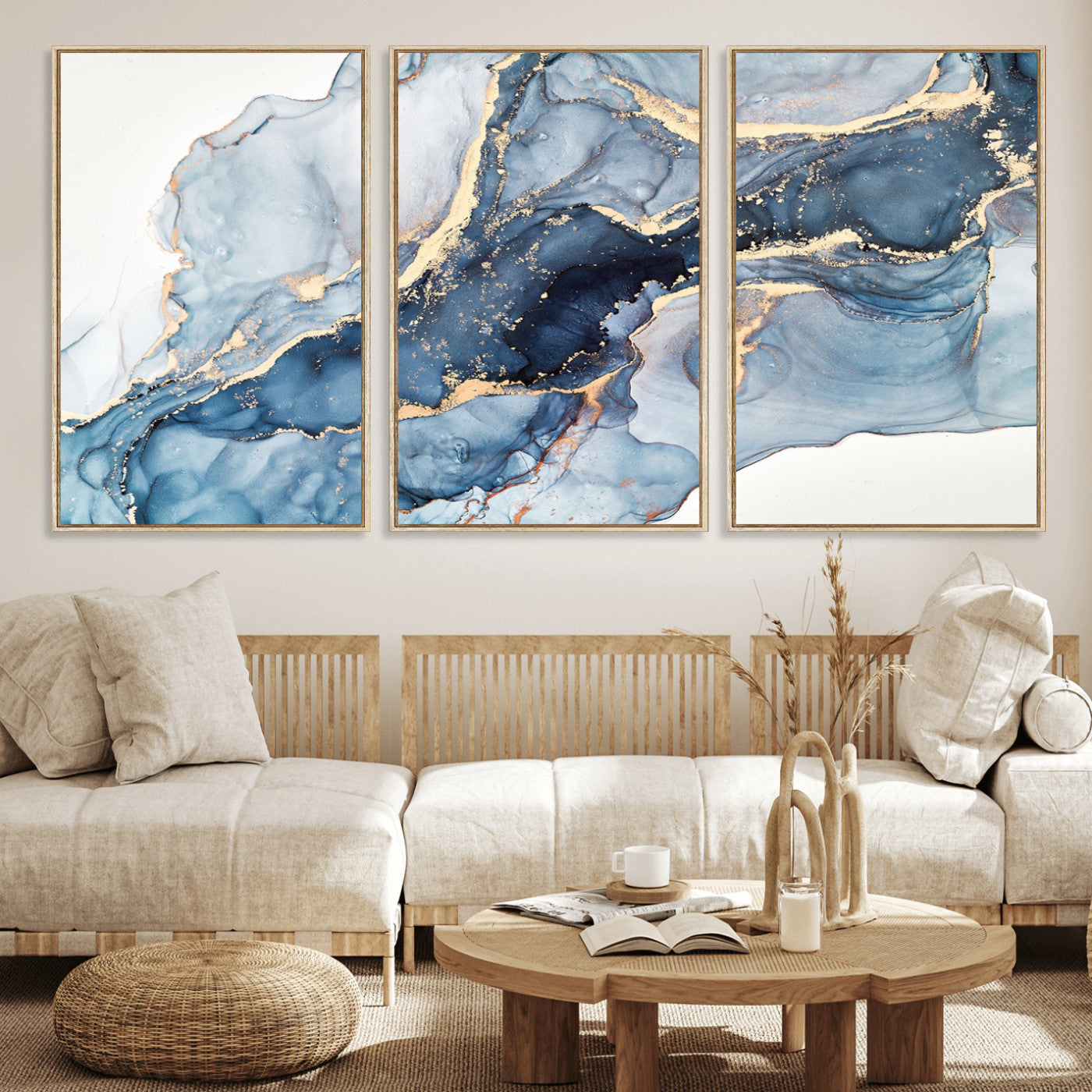 33782-MGV-FC-60X30-3P_Natural-Abstract Marble Wall Art – Blue & Gold Fluid Painting Canvas Print, Modern Home Decor for Living Room, Bedroom or Office