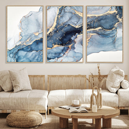 33782-MGV-FC-60X30-3P_Natural-Abstract Marble Wall Art – Blue & Gold Fluid Painting Canvas Print, Modern Home Decor for Living Room, Bedroom or Office