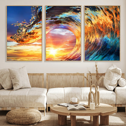 52890-MGV-FC-60X30-3P_Natural-Surfing Wave Wall Art Canvas Print, Framed Sunset Ocean Art Picture Print, Ocean Wave Perfect Nautical Decor Artwork