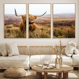 79391-MGV-FC-60X30-3P_Natural-Majestic Highland Cow in Misty Scottish Moorland – Rustic Natural Charm, Perfect for Unique Home or Office Decor