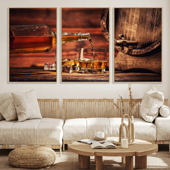 21266-MGV-CV-36X24-Pouring Whiskey into Glasses with Ice – Rustic Wooden Barrel Background, Warm Ambient Lighting, Ideal Decor for Home or Office