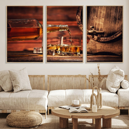 21266-MGV-CV-36X24-Pouring Whiskey into Glasses with Ice – Rustic Wooden Barrel Background, Warm Ambient Lighting, Ideal Decor for Home or Office