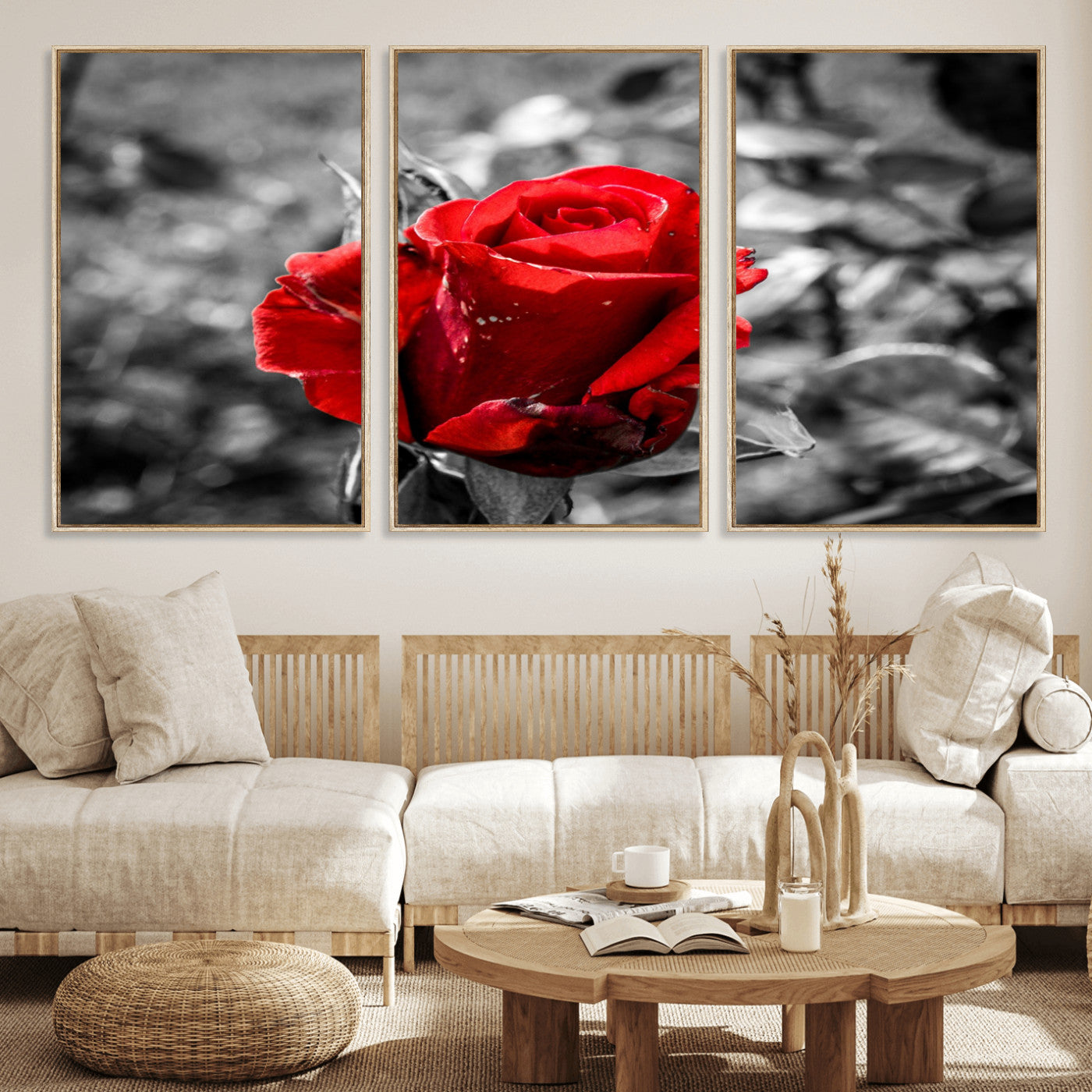 84671-MGV-FC-60X30-3P_Natural-Red Rose Wall Art – Vibrant Single Bloom Canvas Print with Black and White Background, Elegant Floral Decor for Living Room,
