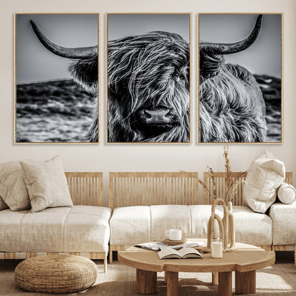 97372-MGV-CV-36X24-Elegant Highland Cow Wall Art – Black and White Canvas Print, Rustic Nature Decor for Home, Office, Living Room or Man Cave