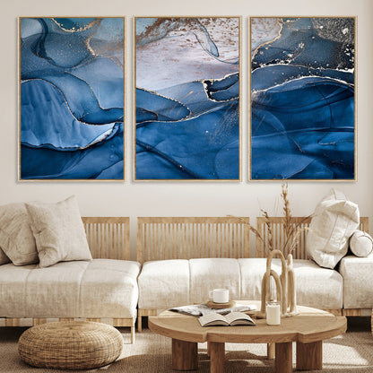 27810-MGV-FC-60X30-3P_Natural-Abstract Blue Gold Fluid Art Wall – Modern Canvas Print, Elegant Home & Office Wall Art, Stylish Living Room or Bedroom Decor