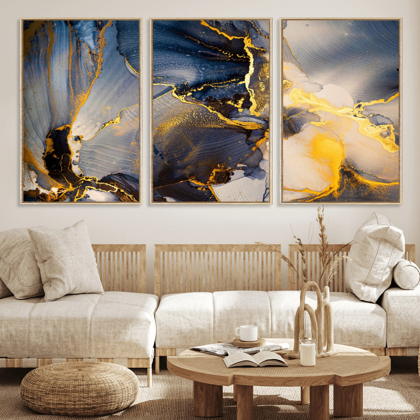 42100-MGV-CV-36X24-Golden Flow Abstract Wall Art – Panoramic Modern Blue and Gold Canvas Print, Contemporary Artistic Decor for Home, Office